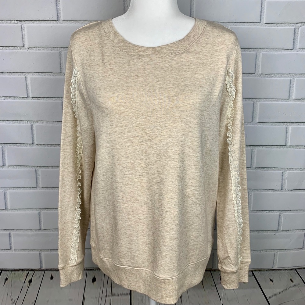 🔥MAISON JULES🔥LACE-TRIMMED LONG SLEEVE SWEATSHIRT HEATHER OATMEAL LARGE NWT